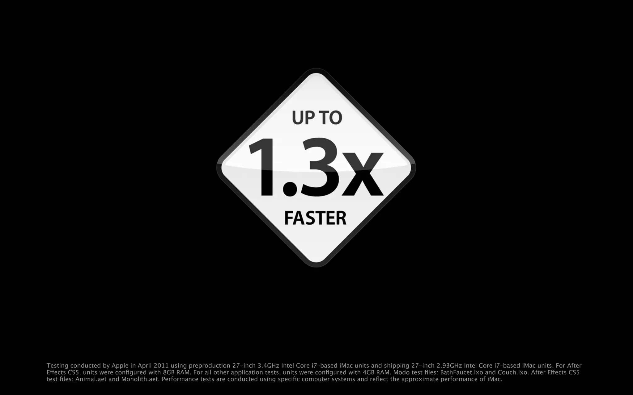 Testing conducted by Apple in April 2011 using preproduction 27-inch 3.4GHz Intel Core i7–based iMac units and shipping 27-inch 2.93GHz Intel Core i7–based iMac units. For After
Effects CS5, units were conﬁgured with 8GB RAM. For all other application tests, units were conﬁgured with 4GB RAM. Modo test ﬁles: BathFaucet.lxo and Couch.lxo. After Effects CS5
test ﬁles: Animal.aet and Monolith.aet. Performance tests are conducted using speciﬁc computer systems and reﬂect the approximate performance of iMac.
 