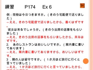 練習　　 P174 　 Ex 6
例：荷物は今日つきますか。（きのう宅配便で送りまし
た）
→ ええ、きのう宅配便で送りましたから、着くはずです
。
1.彼女は来るでしょうか。（きのう出席の返事をもらい
ました）
→ ええ、きのう出席の返事をもらいましたから、来るは
ずです。
2. 　あのレストランはおいしいですか。（案内書に書い
てあります）
→ ええ、案内書に書いてありますから、おいしいはずで
す。
3 ．隣の人は留守ですか。（１か月ほど旅行に行くと
言っていました）
→ ええ、１か月ほど旅行に行くと言っていましたから、
 