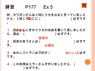 練習　　 P177 　 Ex 5
例：タワポンさんは２時にうちを出ると言っていました
から、３時ごろここに（　　　　　　　　　）はずです
。
１．田中さんにきのううちの地図を書いて渡しましたか
ら、道は、（　　　　　　　　　）はずです。
２．部長の息子さんは（　　　　　　　　　　）はずで
す。
３．あのレストランは予約が（　　　　　　　　）はず
です。
４．この料理はミラーさんが作りましたから、（　　　
　　　　　）はずです。
着く
わかる
医者の
必要な
おいしい
 
