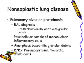 Noneoplastic lung diseaseNoneoplastic lung disease
• Pulmonary alveolar proteinosis
– BAL diagnosis
• Gross: cloudy/milky white with graular
debris
– Paucicellular sample of mononuclear
inflammatory cells
– Amorphous basophilic granular debris
– D/Dx: Pneumocystosis, Nocardia,
amyloidosis
 