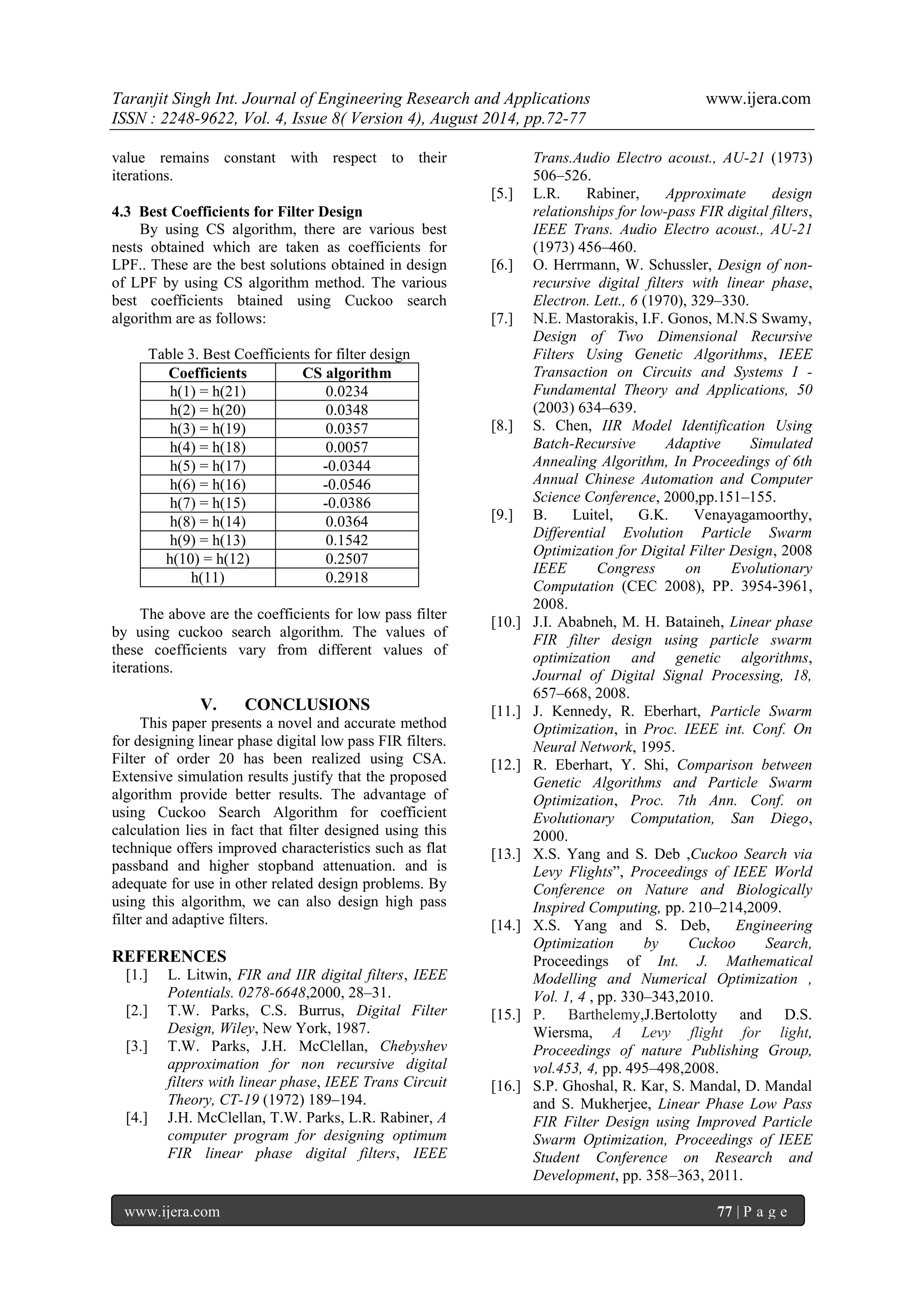 Taranjit Singh Int. Journal of Engineering Research and Applications www.ijera.com 
ISSN : 2248-9622, Vol. 4, Issue 8( Version 4), August 2014, pp.72-77 
www.ijera.com 77 | P a g e 
value remains constant with respect to their iterations. 4.3 Best Coefficients for Filter Design By using CS algorithm, there are various best nests obtained which are taken as coefficients for LPF.. These are the best solutions obtained in design of LPF by using CS algorithm method. The various best coefficients btained using Cuckoo search algorithm are as follows: Table 3. Best Coefficients for filter design 
Coefficients 
CS algorithm 
h(1) = h(21) 
0.0234 
h(2) = h(20) 
0.0348 
h(3) = h(19) 
0.0357 
h(4) = h(18) 
0.0057 
h(5) = h(17) 
-0.0344 
h(6) = h(16) 
-0.0546 
h(7) = h(15) 
-0.0386 
h(8) = h(14) 
0.0364 
h(9) = h(13) 
0.1542 
h(10) = h(12) 
0.2507 
h(11) 
0.2918 
The above are the coefficients for low pass filter by using cuckoo search algorithm. The values of these coefficients vary from different values of iterations. 
V. CONCLUSIONS 
This paper presents a novel and accurate method for designing linear phase digital low pass FIR filters. Filter of order 20 has been realized using CSA. Extensive simulation results justify that the proposed algorithm provide better results. The advantage of using Cuckoo Search Algorithm for coefficient calculation lies in fact that filter designed using this technique offers improved characteristics such as flat passband and higher stopband attenuation. and is adequate for use in other related design problems. By using this algorithm, we can also design high pass filter and adaptive filters. REFERENCES 
[1.] L. Litwin, FIR and IIR digital filters, IEEE Potentials. 0278-6648,2000, 28–31. 
[2.] T.W. Parks, C.S. Burrus, Digital Filter Design, Wiley, New York, 1987. 
[3.] T.W. Parks, J.H. McClellan, Chebyshev approximation for non recursive digital filters with linear phase, IEEE Trans Circuit Theory, CT-19 (1972) 189–194. 
[4.] J.H. McClellan, T.W. Parks, L.R. Rabiner, A computer program for designing optimum FIR linear phase digital filters, IEEE 
Trans.Audio Electro acoust., AU-21 (1973) 506–526. 
[5.] L.R. Rabiner, Approximate design relationships for low-pass FIR digital filters, IEEE Trans. Audio Electro acoust., AU-21 (1973) 456–460. 
[6.] O. Herrmann, W. Schussler, Design of non- recursive digital filters with linear phase, Electron. Lett., 6 (1970), 329–330. 
[7.] N.E. Mastorakis, I.F. Gonos, M.N.S Swamy, Design of Two Dimensional Recursive Filters Using Genetic Algorithms, IEEE Transaction on Circuits and Systems I - Fundamental Theory and Applications, 50 (2003) 634–639. 
[8.] S. Chen, IIR Model Identification Using Batch-Recursive Adaptive Simulated Annealing Algorithm, In Proceedings of 6th Annual Chinese Automation and Computer Science Conference, 2000,pp.151–155. 
[9.] B. Luitel, G.K. Venayagamoorthy, Differential Evolution Particle Swarm Optimization for Digital Filter Design, 2008 IEEE Congress on Evolutionary Computation (CEC 2008), PP. 3954-3961, 2008. 
[10.] J.I. Ababneh, M. H. Bataineh, Linear phase FIR filter design using particle swarm optimization and genetic algorithms, Journal of Digital Signal Processing, 18, 657–668, 2008. 
[11.] J. Kennedy, R. Eberhart, Particle Swarm Optimization, in Proc. IEEE int. Conf. On Neural Network, 1995. 
[12.] R. Eberhart, Y. Shi, Comparison between Genetic Algorithms and Particle Swarm Optimization, Proc. 7th Ann. Conf. on Evolutionary Computation, San Diego, 2000. 
[13.] X.S. Yang and S. Deb ,Cuckoo Search via Levy Flights”, Proceedings of IEEE World Conference on Nature and Biologically Inspired Computing, pp. 210–214,2009. 
[14.] X.S. Yang and S. Deb, Engineering Optimization by Cuckoo Search, Proceedings of Int. J. Mathematical Modelling and Numerical Optimization , Vol. 1, 4 , pp. 330–343,2010. 
[15.] P. Barthelemy,J.Bertolotty and D.S. Wiersma, A Levy flight for light, Proceedings of nature Publishing Group, vol.453, 4, pp. 495–498,2008. 
[16.] S.P. Ghoshal, R. Kar, S. Mandal, D. Mandal and S. Mukherjee, Linear Phase Low Pass FIR Filter Design using Improved Particle Swarm Optimization, Proceedings of IEEE Student Conference on Research and Development, pp. 358–363, 2011. 