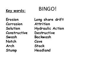 BINGO!Key words:
Erosion Long shore drift
Corrasion Attrition
Solution Hydraulic Action
Constructive Destructive
Swash Backwash
Notch Cave
Arch Stack
Stump Headland
 