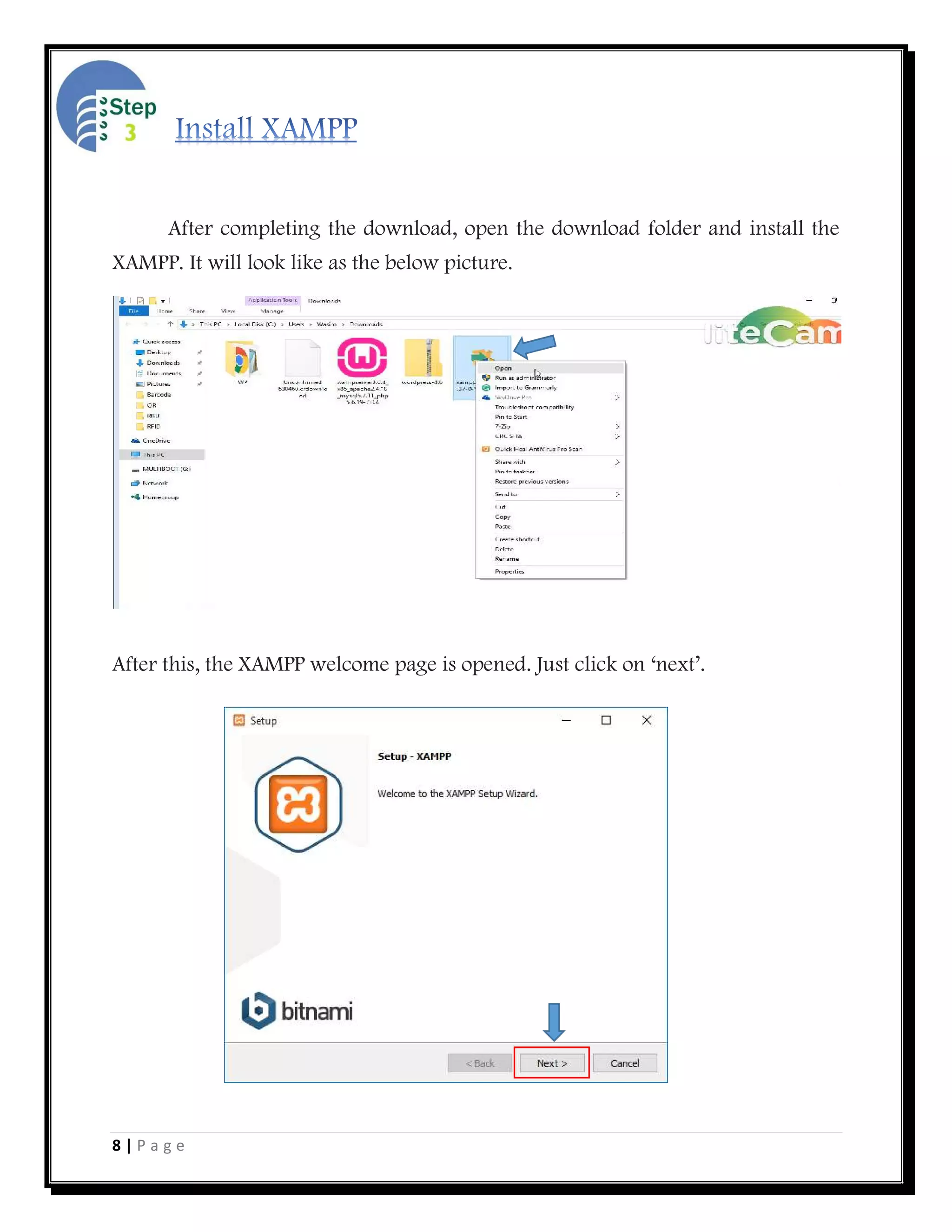 8 | P a g e
After completing the download, open the download folder and install the
XAMPP. It will look like as the below picture.
After this, the XAMPP welcome page is opened. Just click on ‘next’.
 