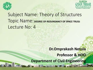 Subject Name: Theory of Structures
Topic Name:DEGREE OF REDUNDANCY OF SPACE TRUSS
Lecture No: 4
Dr.Omprakash Netula
Professor & HOD
Department of Civil Engineering
7/24/2017 Lecture Number, Unit Number 1
 