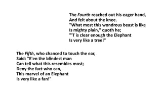 The Fourth reached out his eager hand,
And felt about the knee.
"What most this wondrous beast is like
Is mighty plain," quoth he;
"'T is clear enough the Elephant
Is very like a tree!"
The Fifth, who chanced to touch the ear,
Said: "E'en the blindest man
Can tell what this resembles most;
Deny the fact who can,
This marvel of an Elephant
Is very like a fan!"
 