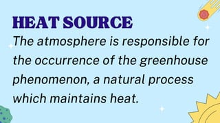 HEAT SOURCE
HEAT SOURCE
The atmosphere is responsible for
the occurrence of the greenhouse
phenomenon, a natural process
which maintains heat.
 