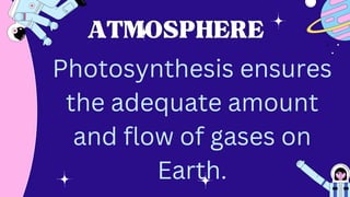 ATMOSPHERE
ATMOSPHERE
Photosynthesis ensures
the adequate amount
and flow of gases on
Earth.
 
