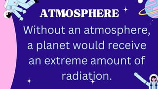 ATMOSPHERE
ATMOSPHERE
Without an atmosphere,
a planet would receive
an extreme amount of
radiation.
 