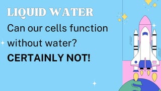 LIQUIDWATER
LIQUIDWATER
Can our cells function
without water?
CERTAINLY NOT!
 