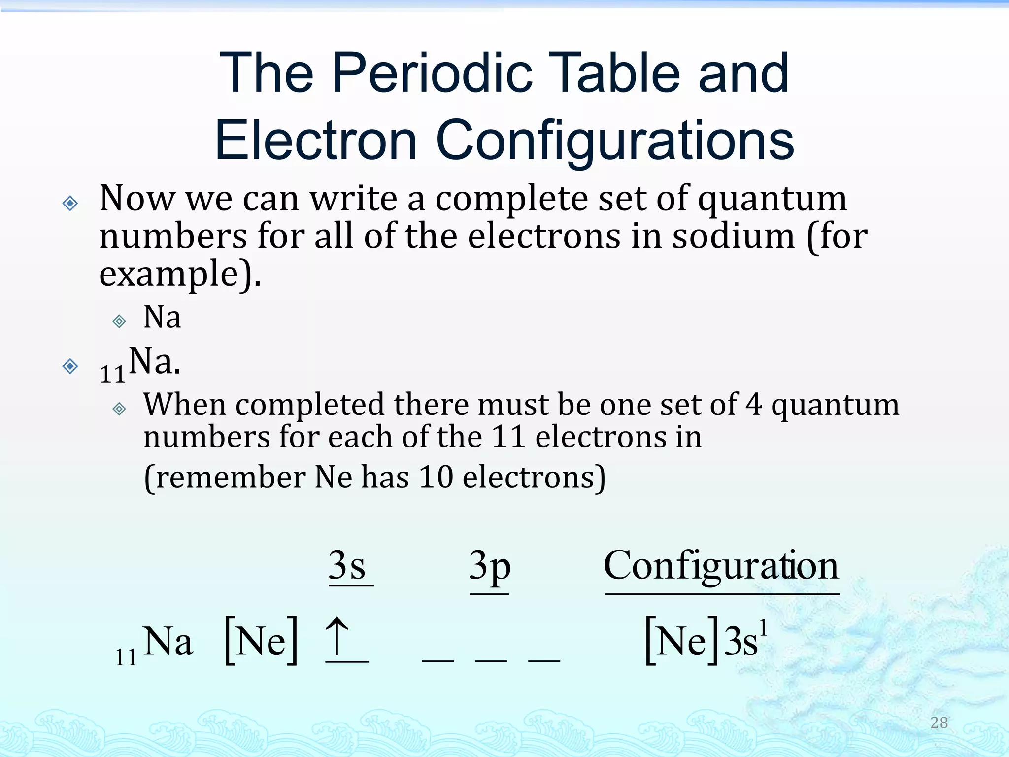 28
The Periodic Table and
Electron Configurations
 Now we can write a complete set of quantum
numbers for all of the electrons in sodium (for
example).
 Na
 11Na.
 When completed there must be one set of 4 quantum
numbers for each of the 11 electrons in
(remember Ne has 10 electrons)
    1
11 s3NeNeNa
ionConfigurat3p3s

 