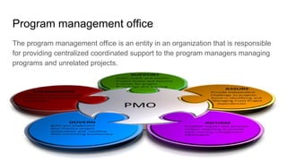 Project Management (CAPM) - The Framework
Mohammad Tawfik
#WikiCourses
http://WikiCourses.WikiSpaces.com
Program management office
The program management office is an entity in an organization that is responsible
for providing centralized coordinated support to the program managers managing
programs and unrelated projects.
 
