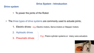 Drive system
• The three types of drive systems are commonly used to actuate joints;
1. Electric drives: e.g. Electric motors, Servo-motors or Stepper motors
2. Hydraulic drives
3. Pneumatic drives
Drive System - Introduction
E.g.: Piston-cylinder systems or rotary vane actuators
• To power the joints of the Robot
 
