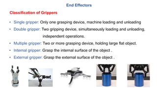 End Effectors
• Single gripper: Only one grasping device, machine loading and unloading
• Double gripper: Two gripping device, simultaneously loading and unloading,
independent operations.
• Multiple gripper: Two or more grasping device, holding large flat object.
• Internal gripper: Grasp the internal surface of the object .
• External gripper: Grasp the external surface of the object .
Classification of Grippers
 
