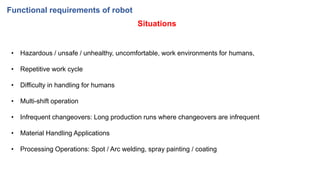 Situations
Functional requirements of robot
• Hazardous / unsafe / unhealthy, uncomfortable, work environments for humans,
• Repetitive work cycle
• Difficulty in handling for humans
• Multi-shift operation
• Infrequent changeovers: Long production runs where changeovers are infrequent
• Material Handling Applications
• Processing Operations: Spot / Arc welding, spray painting / coating
 