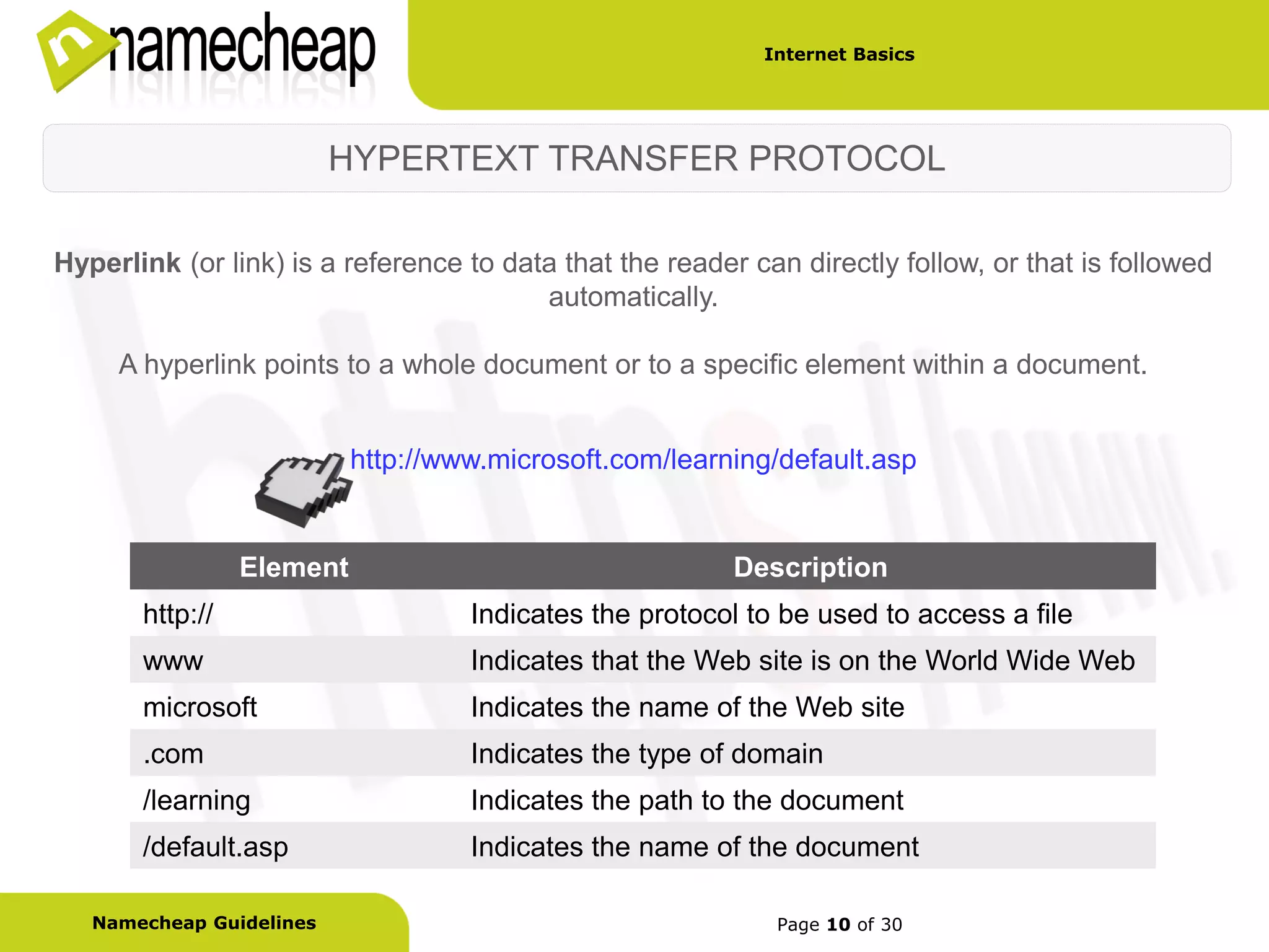 Internet Basics




                          HYPERTEXT TRANSFER PROTOCOL

Hyperlink (or link) is a reference to data that the reader can directly follow, or that is followed
                                         automatically.

     A hyperlink points to a whole document or to a specific element within a document.


                           http://www.microsoft.com/learning/default.asp


                 Element                                  Description
       http://                      Indicates the protocol to be used to access a file
       www                          Indicates that the Web site is on the World Wide Web
       microsoft                    Indicates the name of the Web site
       .com                         Indicates the type of domain
       /learning                    Indicates the path to the document
       /default.asp                 Indicates the name of the document

   Namecheap Guidelines                                      Page 10 of 30
 