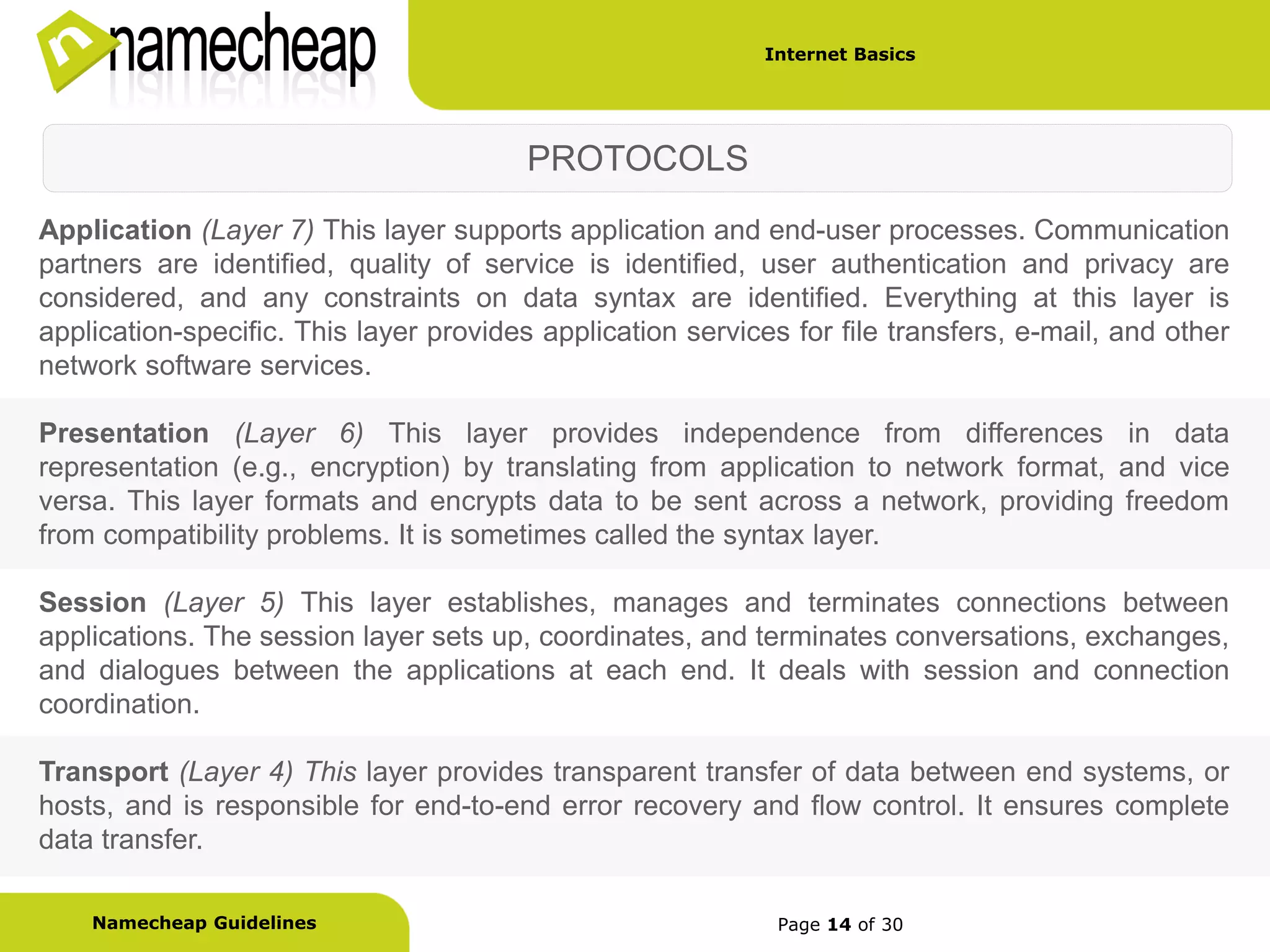 Internet Basics




                                         PROTOCOLS
Application (Layer 7) This layer supports application and end-user processes. Communication
partners are identified, quality of service is identified, user authentication and privacy are
considered, and any constraints on data syntax are identified. Everything at this layer is
application-specific. This layer provides application services for file transfers, e-mail, and other
network software services.

Presentation (Layer 6) This layer provides independence from differences in data
representation (e.g., encryption) by translating from application to network format, and vice
versa. This layer formats and encrypts data to be sent across a network, providing freedom
from compatibility problems. It is sometimes called the syntax layer.

Session (Layer 5) This layer establishes, manages and terminates connections between
applications. The session layer sets up, coordinates, and terminates conversations, exchanges,
and dialogues between the applications at each end. It deals with session and connection
coordination.

Transport (Layer 4) This layer provides transparent transfer of data between end systems, or
hosts, and is responsible for end-to-end error recovery and flow control. It ensures complete
data transfer.

    Namecheap Guidelines                                      Page 14 of 30
 