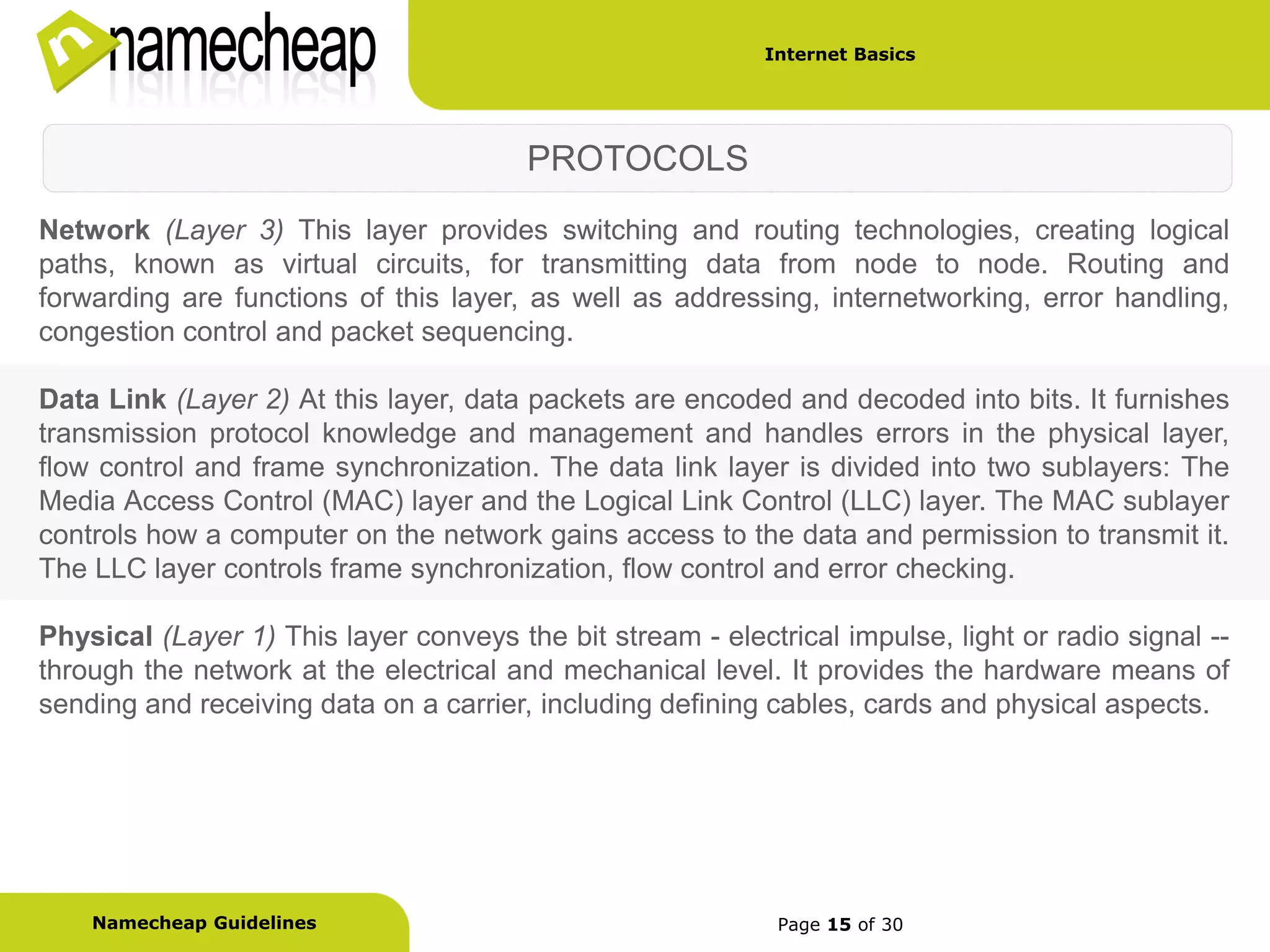 Internet Basics




                                        PROTOCOLS
Network (Layer 3) This layer provides switching and routing technologies, creating logical
paths, known as virtual circuits, for transmitting data from node to node. Routing and
forwarding are functions of this layer, as well as addressing, internetworking, error handling,
congestion control and packet sequencing.

Data Link (Layer 2) At this layer, data packets are encoded and decoded into bits. It furnishes
transmission protocol knowledge and management and handles errors in the physical layer,
flow control and frame synchronization. The data link layer is divided into two sublayers: The
Media Access Control (MAC) layer and the Logical Link Control (LLC) layer. The MAC sublayer
controls how a computer on the network gains access to the data and permission to transmit it.
The LLC layer controls frame synchronization, flow control and error checking.

Physical (Layer 1) This layer conveys the bit stream - electrical impulse, light or radio signal --
through the network at the electrical and mechanical level. It provides the hardware means of
sending and receiving data on a carrier, including defining cables, cards and physical aspects.




    Namecheap Guidelines                                     Page 15 of 30
 