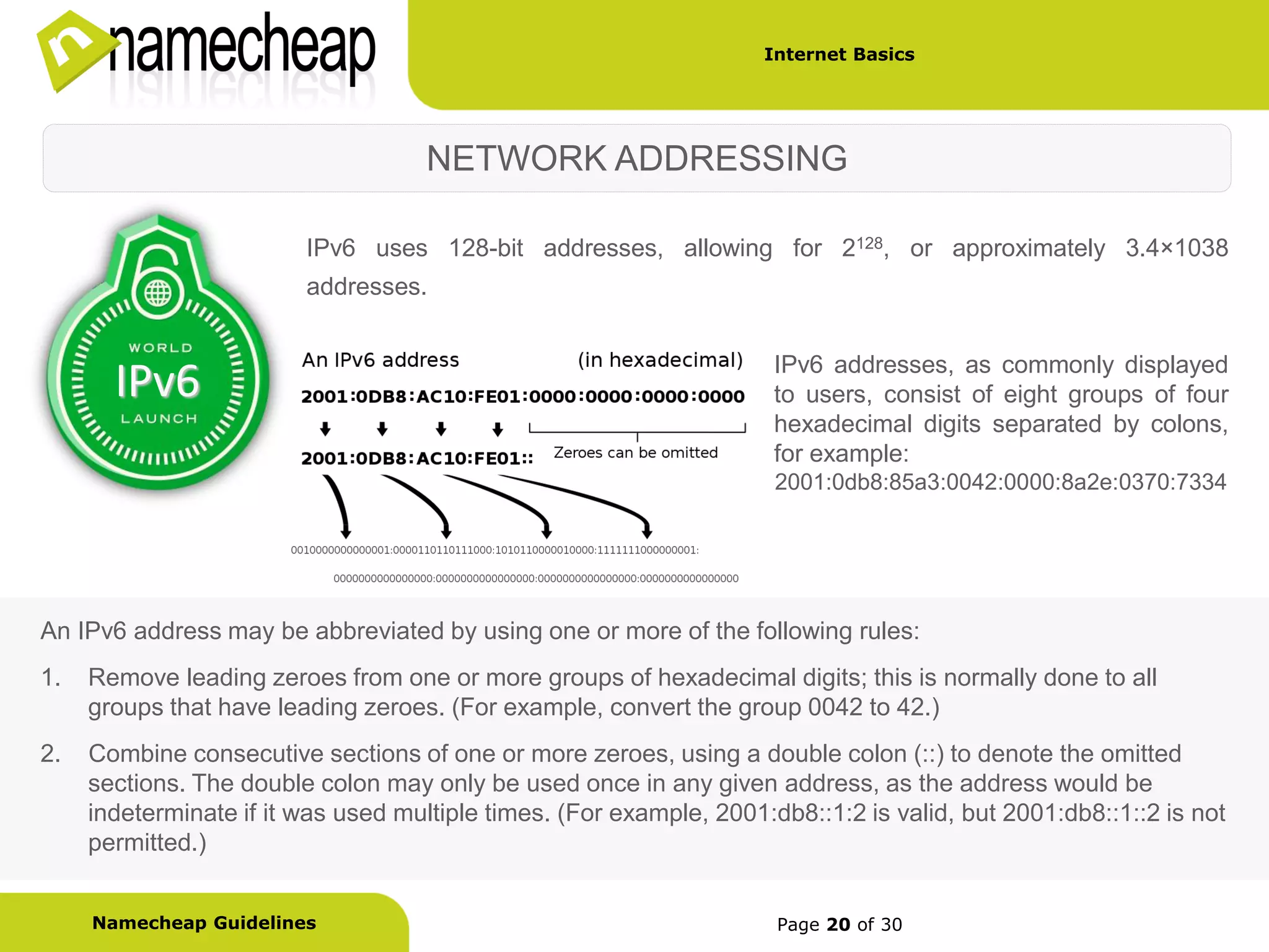 Internet Basics




                                     NETWORK ADDRESSING

                         IPv6 uses 128-bit addresses, allowing for 2128, or approximately 3.4×1038
                         addresses.


                                                                      IPv6 addresses, as commonly displayed
       IPv6                                                           to users, consist of eight groups of four
                                                                      hexadecimal digits separated by colons,
                                                                      for example:
                                                                      2001:0db8:85a3:0042:0000:8a2e:0370:7334




An IPv6 address may be abbreviated by using one or more of the following rules:
1.   Remove leading zeroes from one or more groups of hexadecimal digits; this is normally done to all
     groups that have leading zeroes. (For example, convert the group 0042 to 42.)
2.   Combine consecutive sections of one or more zeroes, using a double colon (::) to denote the omitted
     sections. The double colon may only be used once in any given address, as the address would be
     indeterminate if it was used multiple times. (For example, 2001:db8::1:2 is valid, but 2001:db8::1::2 is not
     permitted.)


     Namecheap Guidelines                                             Page 20 of 30
 