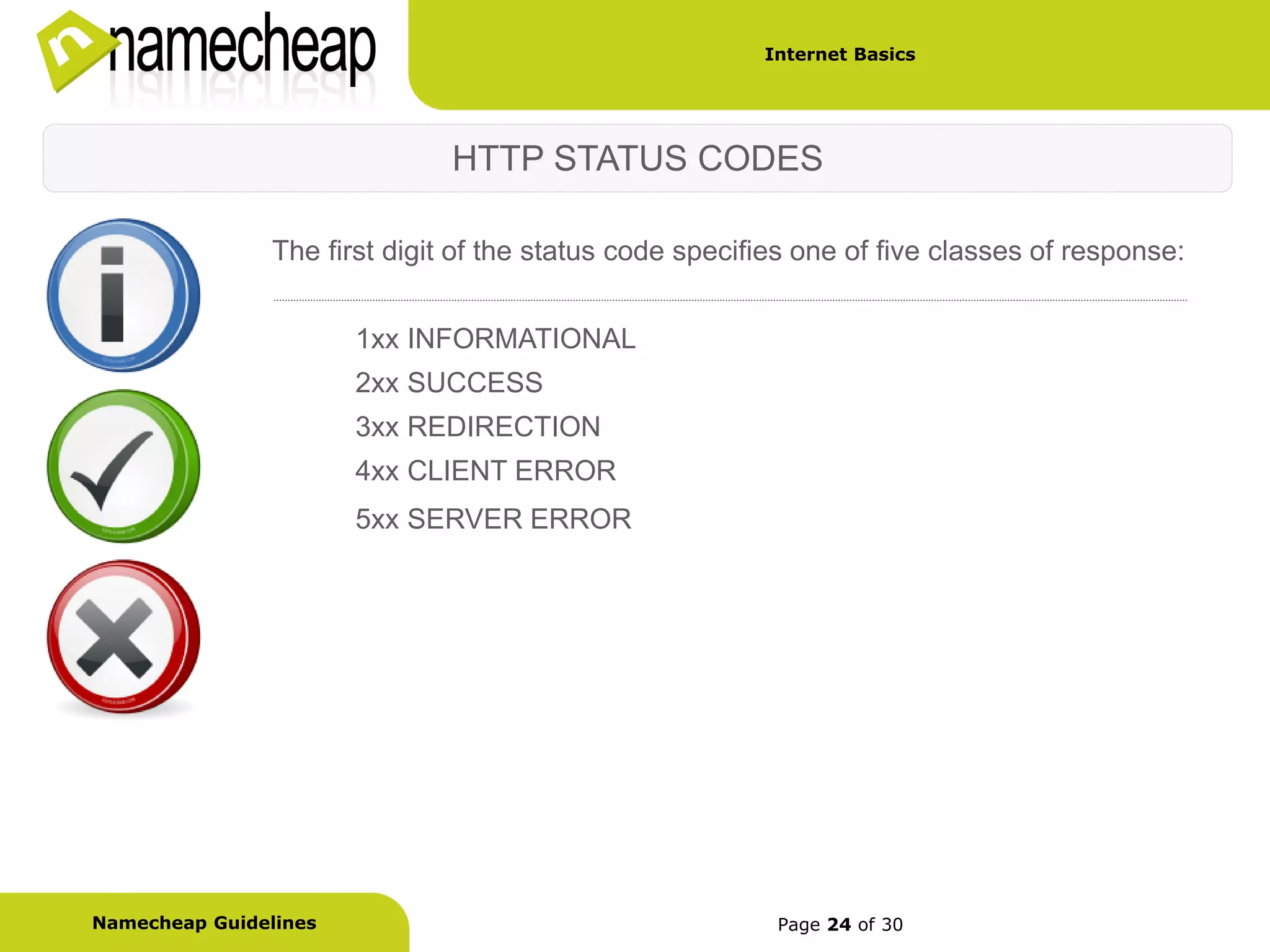 Internet Basics




                               HTTP STATUS CODES

                The first digit of the status code specifies one of five classes of response:


                       1xx INFORMATIONAL
                       2xx SUCCESS
                       3xx REDIRECTION
                       4xx CLIENT ERROR
                       5xx SERVER ERROR




Namecheap Guidelines                                      Page 24 of 30
 