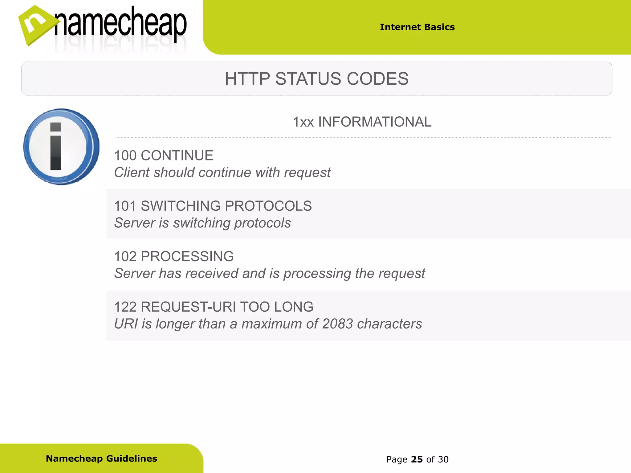 Internet Basics




                             HTTP STATUS CODES

                                        1xx INFORMATIONAL

            100 CONTINUE
            Client should continue with request

            101 SWITCHING PROTOCOLS
            Server is switching protocols

            102 PROCESSING
            Server has received and is processing the request

            122 REQUEST-URI TOO LONG
            URI is longer than a maximum of 2083 characters




Namecheap Guidelines                                  Page 25 of 30
 