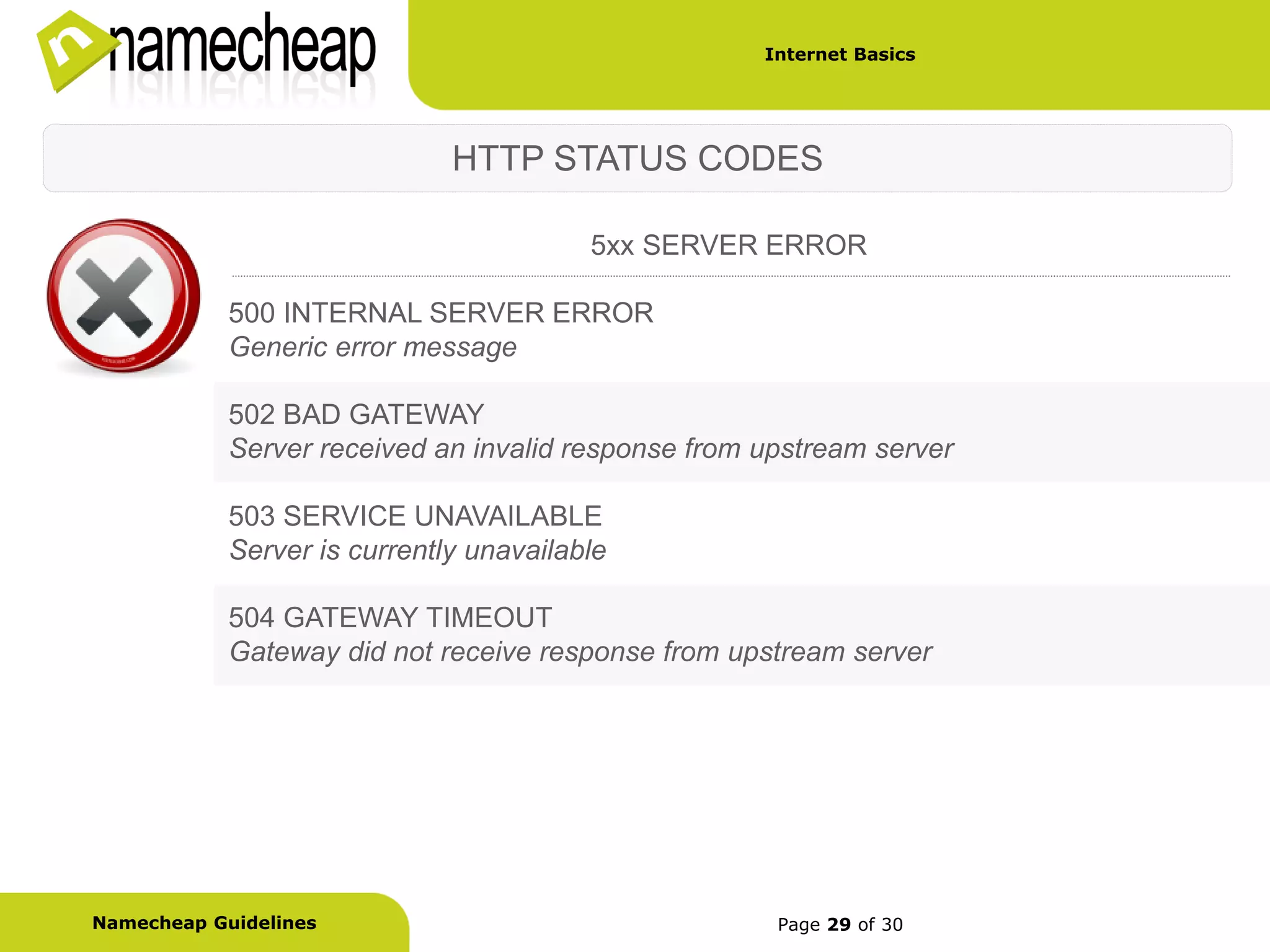 Internet Basics




                              HTTP STATUS CODES

                                         5xx SERVER ERROR

            500 INTERNAL SERVER ERROR
            Generic error message

            502 BAD GATEWAY
            Server received an invalid response from upstream server

            503 SERVICE UNAVAILABLE
            Server is currently unavailable

            504 GATEWAY TIMEOUT
            Gateway did not receive response from upstream server




Namecheap Guidelines                                  Page 29 of 30
 