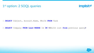 1. SELECT Subject, Account.Name, WhoId FROM Task
2. SELECT Company FROM Lead WHERE Id IN <WhoId list from previous query>
1st option: 2 SOQL queries
 