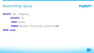 ​ SELECT Id, Company,
(SELECT Id
FROM Tasks
WHERE <tasks filtering condition>)
FROM Lead
Nested SOQL Query
 