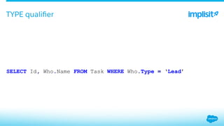 ​ SELECT Id, Who.Name FROM Task WHERE Who.Type = ‘Lead’
TYPE qualiﬁer
 