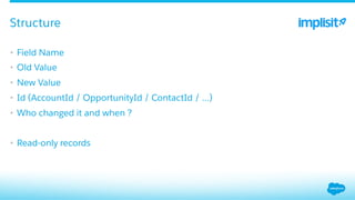 •  Field Name
•  Old Value
•  New Value
•  Id (AccountId / OpportunityId / ContactId / …)
•  Who changed it and when ?
•  Read-only records
Structure
 