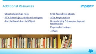 •  Object relationships types
•  SFDC Sales Objects relationships diagram
•  describeGlobal, describeSObject
•  SFDC Task & Event objects
•  SOQL Polymorphism
•  Understanding Polymorphic Keys and
Relationships
•  Polymorphic Lookups
•  TYPEOF
Additional Resources
 