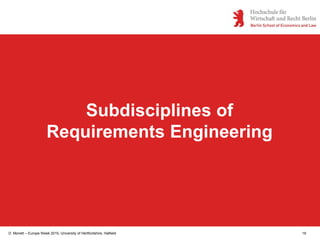D. Monett – Europe Week 2015, University of Hertfordshire, Hatfield 16
Subdisciplines of
Requirements Engineering
 