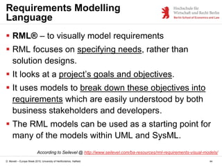 D. Monett – Europe Week 2015, University of Hertfordshire, Hatfield 44
Requirements Modelling
Language
 RML® – to visuall...