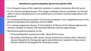 § It is a frequent cause of the nephrotic syndrome in adults (commonly 30 to 50 years)
§ It is an immune complex disease. The antigen-antibody immune complexes are formed
either in situ in the glomeruli or are preformed in circulation and then deposited in the
glomeruli.
§ It is characterized by accumulation of immune complexes in the subepithelial area in the
glomeruli (between the podocytes and the GBM).
§ It is a slowly progressive disease. If not treated it à fibrosis of the kidneys (glomerular
sclerosis, atrophy of tubules and interstitial fibrosis) and end stage disease.
§ Membranous glomerulopathy can be:
ØPrimary/idiopathic membranous GN: about 85% of cases.
ØSecondary membranous GN: causes include autoimmune disease (SLE), infectious
disease (hepatitis B), therapeutic agents (penicillamine), neoplasms (lung cancer).
Patient should be investigated for secondary causes.
Membranous glomerulopathy/ glomerulonephritis (GN)
 