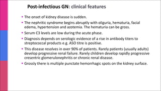 Post-infectious GN: clinical features
§ The onset of kidney disease is sudden.
§ The nephritic syndrome begins abruptly with oliguria, hematuria, facial
edema, hypertension and azotemia. The hematuria can be gross.
§ Serum C3 levels are low during the acute phase.
§ Diagnosis depends on serologic evidence of a rise in antibody titers to
streptococcal products e.g. ASO titre is positive.
§ This disease resolves in over 90% of patients. Rarely patients (usually adults)
develop progressive renal failure. Rarely children develop rapidly progressive
cresentric glomerulonephritis or chronic renal disease.
§ Grossly there is multiple punctate hemorrhagic spots on the kidney surface.
 