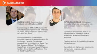 CONSELHEIROS
LINCONL ROCHA - Superintendente
Produtos, Mkt e BI na Banco CBSS
Economista pelo IBMEC e Mackenzie/RK,
com 18 anos de experiência em empresas
de Varejo, Varejo Financeiro e Emissores
de Cartão de Crédito.
Foi responsável por Planejamento
Estratégico, Gestão e Desenvolvimento de
Produtos e Parcerias Estratégicas
passando por empresas como Banco Pan,
Itaú-Unibanco, Globex/Pão de Açúcar e
Grupo Trigo, foi sócio do Grupo TI Pagos, e
também Diretor de Novos Negócios - Pax
do Brasil, Grupo Transire.
RAFAEL MARCHESANO - Biólogo por
formação, Rafael cria comparativos entre
a administração moderna e modelos
biológicos.
Experiência em Corporate Venture na
Natura, Líder de aceleração na ACE
aceleratech, acelerando mais de 40
empresas.
Fundador e sócio da Holdini Participações
e investimentos.
Especialista em startups em crescimento
e preparação para captação de
investimentos.
 