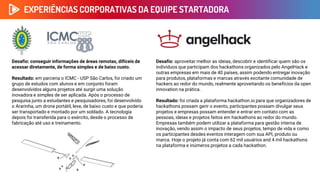 Desafio: conseguir informações de áreas remotas, difíceis de
acessar diretamente, de forma simples e de baixo custo.
Resultado: em parceria o ICMC - USP São Carlos, foi criado um
grupo de estudos com alunos e em conjunto foram
desenvolvidos alguns projetos até surgir uma solução
inovadora e simples de ser aplicada. Após o processo de
pesquisa junto a estudantes e pesquisadores, foi desenvolvido
o Ararinha, um drone portátil, leve, de baixo custo e que poderia
ser transportado e montado por um soldado. A tecnologia
depois foi transferida para o exército, desde o processo de
fabricação até uso e treinamento.
EXPERIÊNCIAS CORPORATIVAS DA EQUIPE STARTADORA
Desafio: aproveitar melhor as ideias, descobrir e identificar quem são os
indivíduos que participam dos hackathons organizados pelo AngelHack e
outras empresas em mais de 40 países, assim podendo entregar inovação
para produtos, plataformas e marcas através excitante comunidade de
hackers ao redor do mundo, realmente aproveitando os benefícios da open
innovation na prática.
Resultado: foi criada a plataforma hackathon.io para que organizadores de
hackathons possam gerir o evento, participantes possam divulgar seus
projetos e empresas possam entender e entrar em contato com as
pessoas, ideias e projetos feitos em hackathons ao redor do mundo.
Empresas também podem utilizar a plataforma para gestão interna de
inovação, vendo assim o impacto de seus projetos, tempo de vida e como
os participantes desdes eventos interagem com sua API, produto ou
marca. Hoje o projeto já conta com 62 mil usuários and 4 mil hackathons
na plataforma e inúmeros projetos a cada hackathon.
 