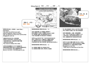 Đông Nam Á   班級：   姓名：   座號：   P.4




                                                                                                     印尼→馬、星
                                                                                                     東南信風




                               【圖七】～印尼～
                               燒峇→熱栽



標準的新加坡人-梁智强 - Jack Neo -              嘿唷嘿唷嘿唷嘿 標準的新加坡人＊2                    有人說生兩個就好 我和太太就不敢太假豪
Standard                                                                   現在又說要多生幾個 可是工廠已經被割掉
You and me will do our part           我們什麼都想贏人家 兩種語文雙管齊下
Stand together heart to heart         結果各種語文大參雜 大家講話 macam rojak           我們在禮貌運動上 成績一直都被讚賞
We are going to show the world what   有人說這樣不像話 有的還說這是沒有文化                  可是一旦到了自由餐 情況立刻變成七月半
Singapore can be                      可是大家就是講了順 害到政府又得想辦法                  大家拼命拿大大盤 結果拿的東西吃不完
                                                                           有些人連盤都拿回家 這就是我們的衰款
其實我們很幸福 很多人都很羨慕                       我們的 law 是多到不得了 有的有效時有的很好笑
我們的生活很有規則 不愁吃穿行和住                     假如上完廁所沒拉水 你會被烏公(處罰)到潇潇               嘿唷嘿唷嘿唷嘿 標準的新加坡人＊2
只要你是新加坡人 就會得到各種的照顧                    為了響應政府的號召 我把抽煙的習慣都改掉
只要你是住在新加坡                             於是我就改吃香口膠 沒想到香口膠也被 ban 掉(禁止)         我們天天在推行運動 這樣才表示有人有做工
You have to follow the rules                                               如果政策要推行成功 最有效的就是烏公(處罰)
                                      嘿唷嘿唷嘿唷嘿 標準的新加坡人＊2                    我們這裡沒有天災 這裡的環境百花盛開
我們的家長最驚輸 為了孩子他最會吃苦                                                         Singapore is so fine
單單排隊報幼稚園 他們可以排隊排到蹺骨(駝背)               有人說要推行禮貌 我立刻就每天笑笑                    - they say it's because of the fine
為了孩子的好前途 不管什麼事都做的出                    有人說要敬老尊賢 我馬上帶我阿公到處跑
總之為了自己的孩子 再辛苦都 want to do                                                  嘿唷嘿唷嘿唷嘿 標準的新加坡人...
 