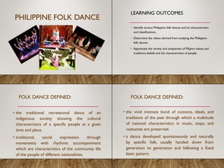 PHILIPPINE FOLK DANCE
LEARNING OUTCOMES
• Identify various Philippine folk dances and its characteristics
and classifications.
• Determine the values derived from studying the Philippine
folk dances.
• Appreciate the variety and uniqueness of Filipino values and
traditions, beliefs and the characteristics of people.
FOLK DANCE DEFINED:
• the traditional recreational dance of an
indigenous society showing the cultural
characteristics of a specific people at a given
time and place.
• traditional, social expression through
movements with rhythmic accompaniment
which are characteristics of the community life
of the people of different nationalities.
FOLK DANCE DEFINED:
• the vivid intimate bond of customs, ideals, and
traditions of the past through which a multitude
of national characteristics in music, steps, and
costumes are preserved.
• a dance developed spontaneously and naturally
by specific folk, usually handed down from
generation to generation and following a fixed
basic pattern.
 