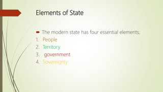 Elements of State
 The modern state has four essential elements;
1. People
2. Territory
3. government
4. Sovereignty
 