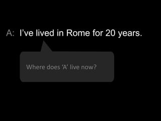 A: I‟ve lived in Rome for 20 years.

Where does ‘A’ live now?

 