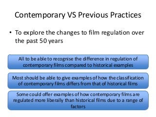 Contemporary VS Previous Practices
• To explore the changes to film regulation over
the past 50 years
All to be able to recognise the difference in regulation of
contemporary films compared to historical examples
Most should be able to give examples of how the classification
of contemporary films differs from that of historical films
Some could offer examples of how contemporary films are
regulated more liberally than historical films due to a range of
factors

 