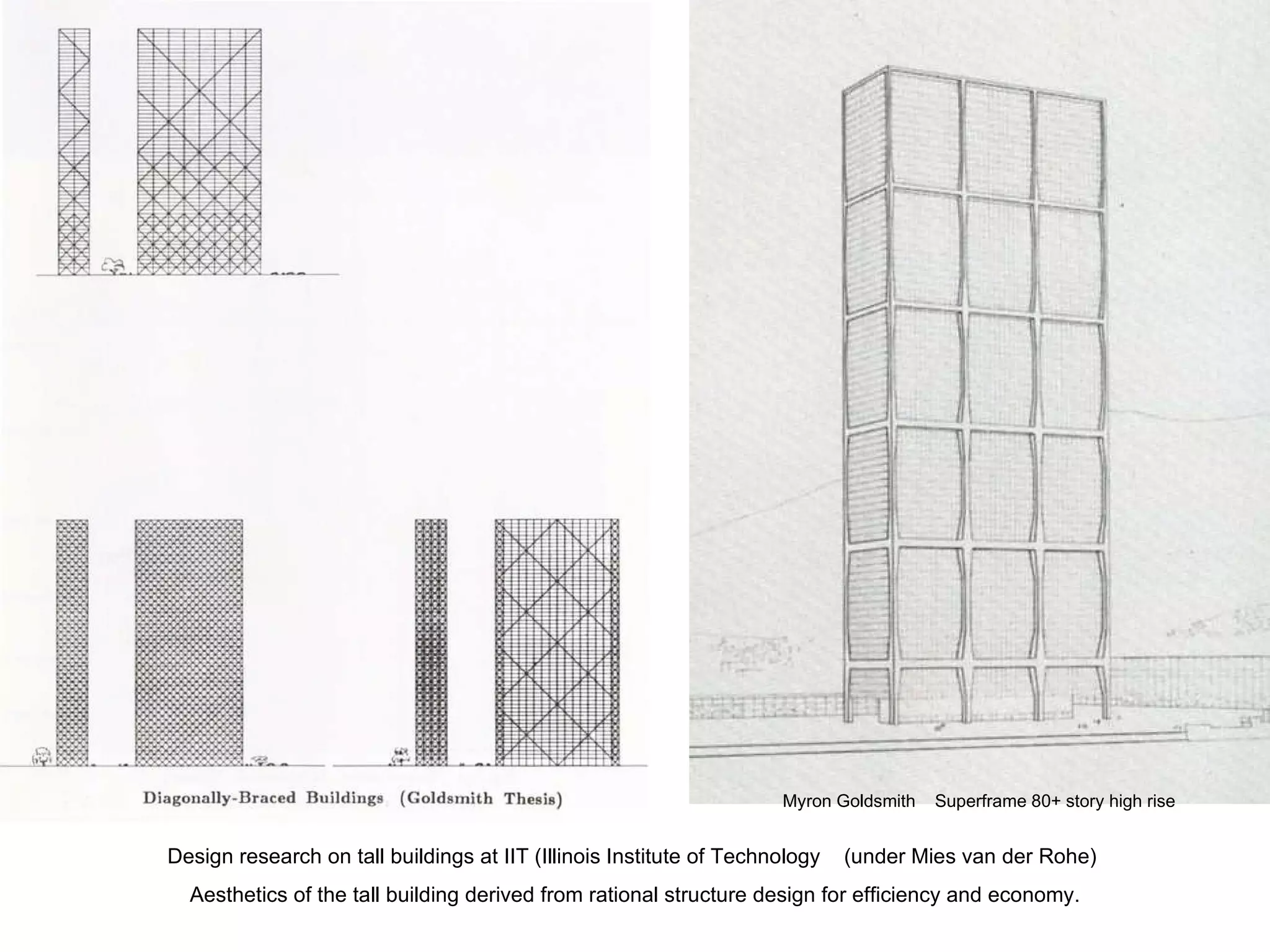 Design research on tall buildings at IIT (Illinois Institute of Technology  (under Mies van der Rohe)  Aesthetics of the tall building derived from rational structure design for efficiency and economy. Myron Goldsmith  Superframe 80+ story high rise 