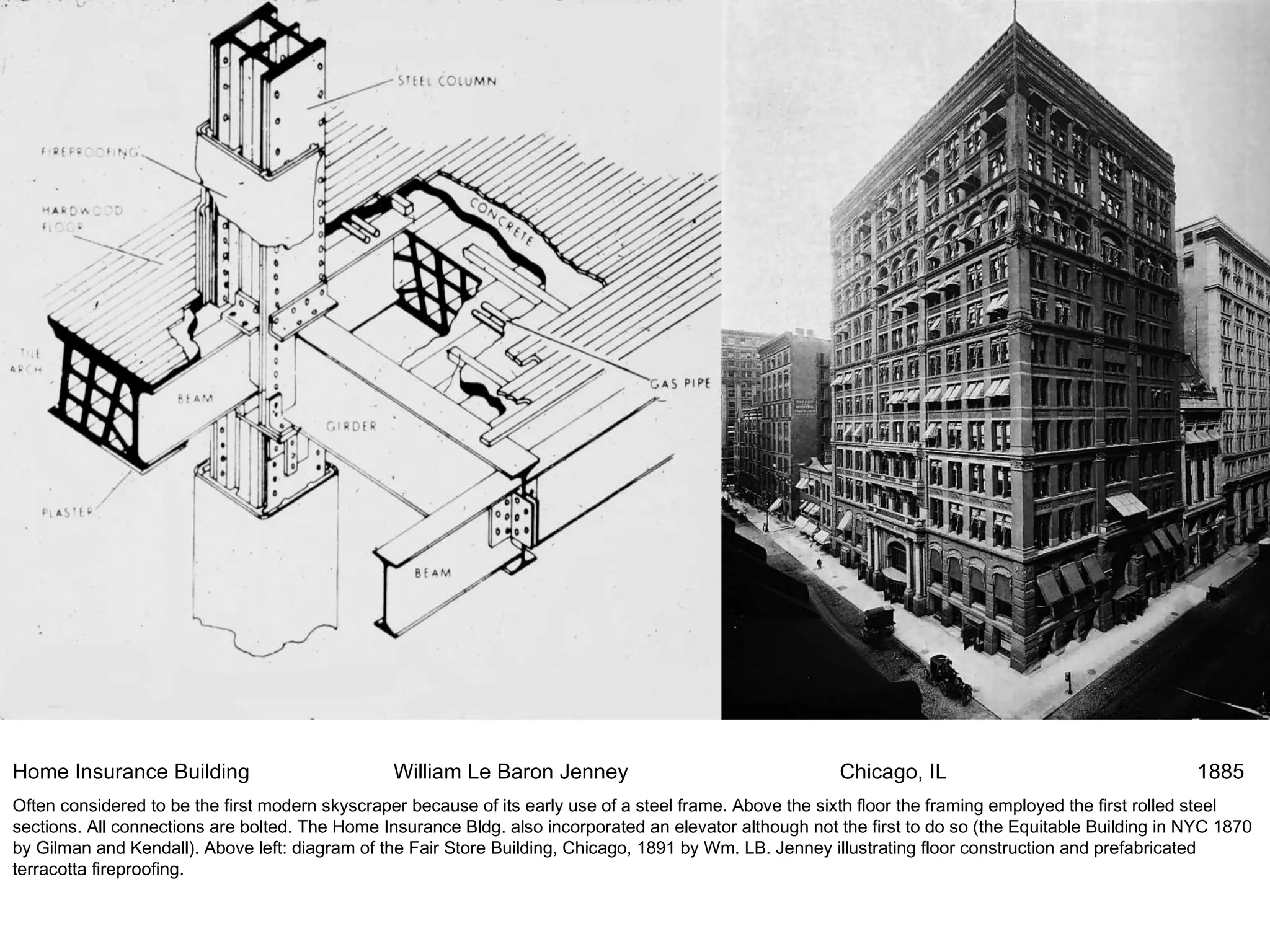 Home Insurance Building William Le Baron Jenney   Chicago, IL   1885 Often considered to be the first modern skyscraper because of its early use of a steel frame. Above the sixth floor the framing employed the first rolled steel sections. All connections are bolted. The Home Insurance Bldg. also incorporated an elevator although not the first to do so (the Equitable Building in NYC 1870 by Gilman and Kendall). Above left: diagram of the Fair Store Building, Chicago, 1891 by Wm. LB. Jenney illustrating floor construction and prefabricated terracotta fireproofing. 