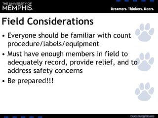 Field Considerations
• Everyone should be familiar with count
procedure/labels/equipment
• Must have enough members in field to
adequately record, provide relief, and to
address safety concerns
• Be prepared!!!
 