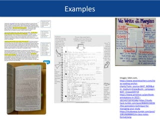 Examples
Images: kibin.com,
https://www.weareteachers.com/clo
se-reading-anchor-
charts/?utm_source=WAT_MDR&ut
m_medium=Enews&utm_campaign=
WAT_Enews020719
https://www.pinterest.ca/pin/book-
annotations-in-2022--
281543718745586/ https://study-
hack.tumblr.com/post/80849230036
/the-pomodoro-technique-for-
managing-your-study
https://studyaway.tumblr.com/post/
108106088845/in-class-notes-
format/amp
 