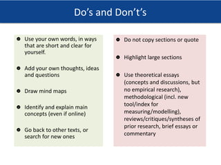 Do’s and Don’t’s
Use your own words, in ways
that are short and clear for
yourself.
Add your own thoughts, ideas
and questions
Draw mind maps
Identify and explain main
concepts (even if online)
Go back to other texts, or
search for new ones
Do not copy sections or quote
Highlight large sections
Use theoretical essays
(concepts and discussions, but
no empirical research),
methodological (incl. new
tool/index for
measuring/modelling),
reviews/critiques/syntheses of
prior research, brief essays or
commentary
 