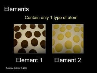Elements Contain only 1 type of atom Friday, June 5, 2009 Element 1 Element 2 