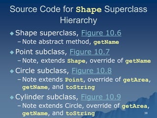 38 
Source Code for Shape Superclass Hierarchy 
Shape superclass, Figure 10.6Figure 10.6 
– Note abstract method, getName 
 Point subclass, Figure 10.7 
– Note, extends Shape, override of , getName 
 Circle subclass, Figure 10.8 
– Note extends Point, override of , getArea, getName, and , toString 
 Cylinder subclass, Figure 10.9 
– Note extends Circle, override of getArea, getName, and , toString  