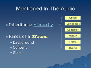 46 
Mentioned In The Audio 
 Inheritance Hierarchy 
 Panes of a JFrame 
– BackgroundBackground 
– ContentContent 
– Glass 
Object 
Component 
Container 
Window 
Frame 
JFrame  