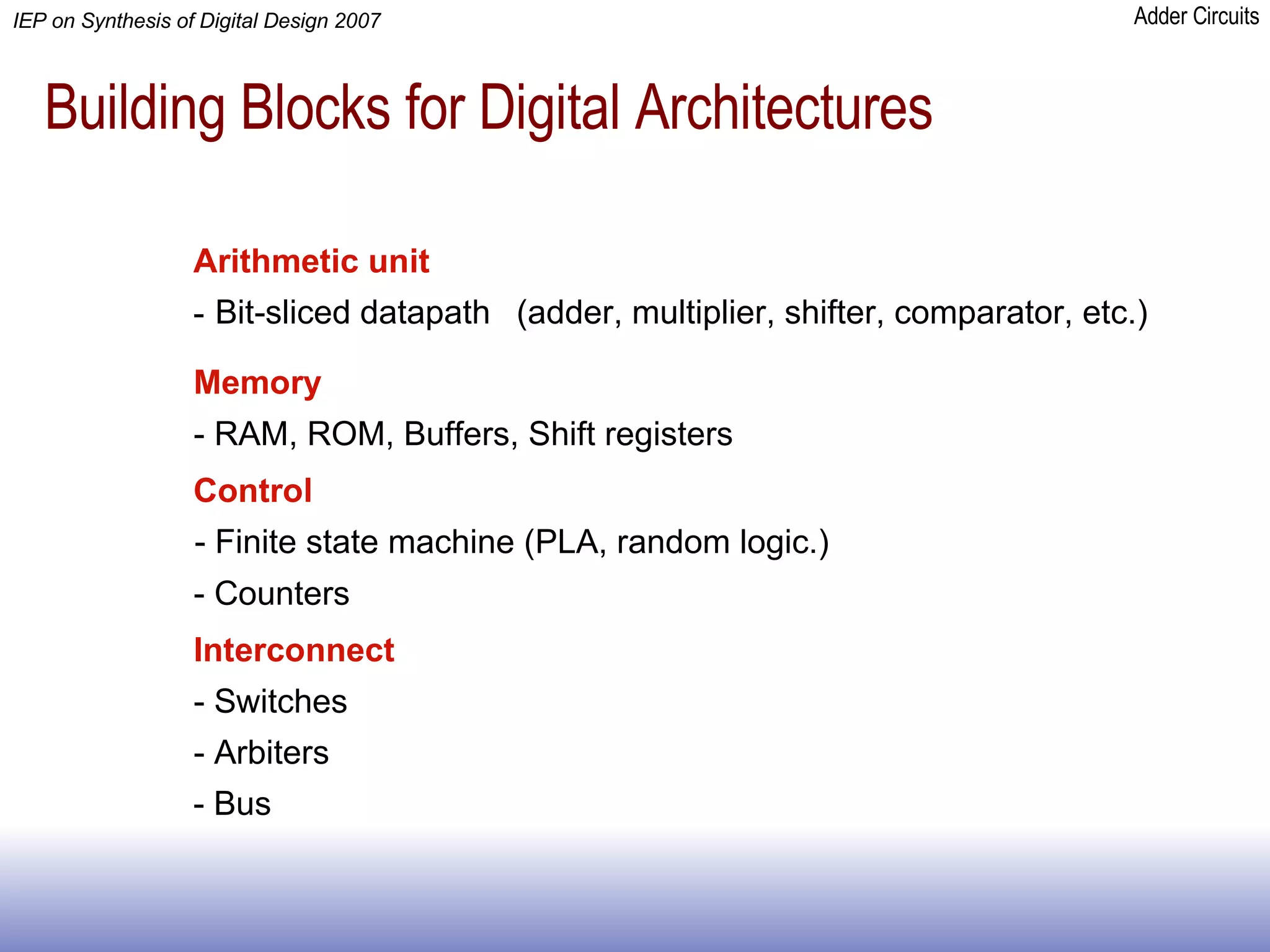 Building Blocks for Digital Architectures Arithmetic unit - Bit-sliced datapath (adder, multiplier, shifter, comparator, etc.) Memory - RAM, ROM, Buffers, Shift registers Control - Finite state machine (PLA, random logic.) - Counters Interconnect - Switches - Arbiters - Bus  